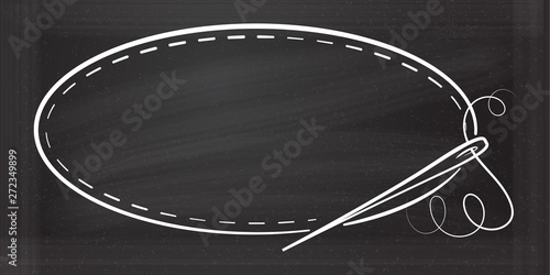 Vector vintage horizontal oval frame with sewing needle on a chalkboard background