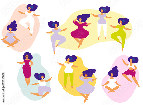 Pattern of dancing girls. Women performing dance at school, studio. Female characters. Group of young happy dancing people. Smiling young women enjoying dance party.