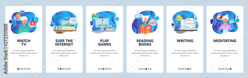 Mobile app onboarding screens. Cinema, reading books, play games, zen meditation. Menu vector banner template for website and mobile development. Web site design flat illustration