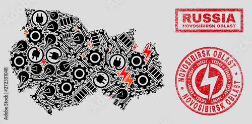 Composition of mosaic power supply Novosibirsk Region map and grunge watermarks. Mosaic vector Novosibirsk Region map is created with equipment and bulb icons. Black and red colors used.