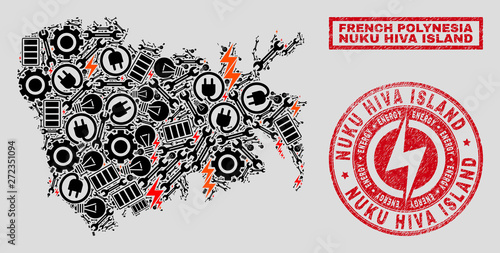 Composition of mosaic power supply Nuku Hiva Island map and grunge stamp seals. Mosaic vector Nuku Hiva Island map is created with tools and energy icons. Black and red colors used.