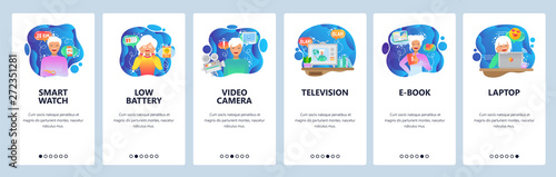 Mobile app onboarding screens. Smart watch, mobile technology, low battery, video camera and tv set. Menu vector banner template for website and mobile development. Web site design flat illustration