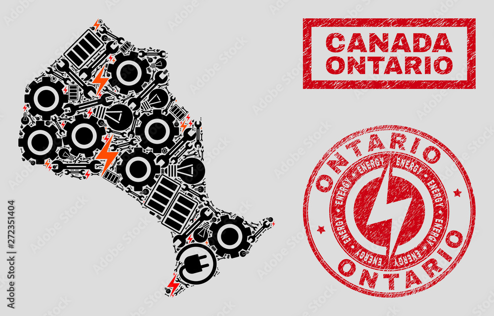 Composition of mosaic power supply Ontario Province map and grunge stamps. Collage vector Ontario Province map is composed with workshop and electricity elements. Black and red colors used.