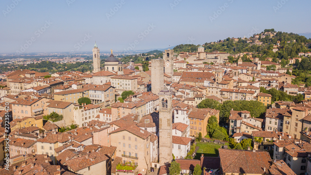 Bergamo, Italy. Amazing drone aerial view of the old town. Landscape at the city center, its historical buildings and the towers