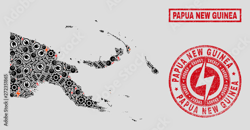 Composition of mosaic power supply Papua New Guinea map and grunge watermarks. Mosaic vector Papua New Guinea map is designed with gear and electric symbols. Black and red colors used.