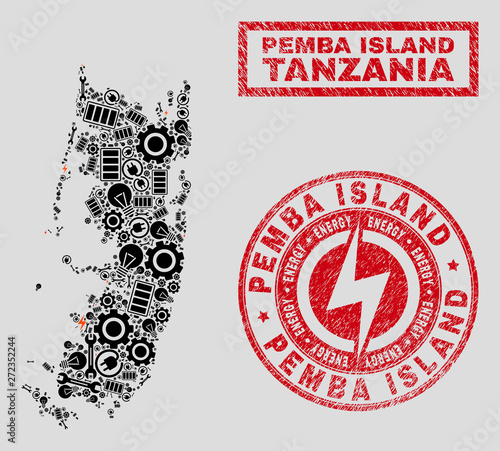 Composition of mosaic power supply Pemba island map and grunge watermarks. Mosaic vector Pemba island map is created with repair and electricity elements. Black and red colors used.
