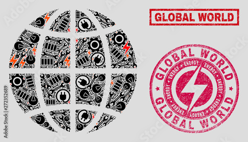 Composition of mosaic power supply planet globe and grunge watermarks. Mosaic vector planet globe is composed with workshop and energy symbols. Black and red colors used.