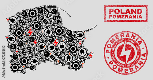 Composition of mosaic power supply Pomeranian Voivodeship map and grunge stamps. Mosaic vector Pomeranian Voivodeship map is composed with service and power icons. Black and red colors used.