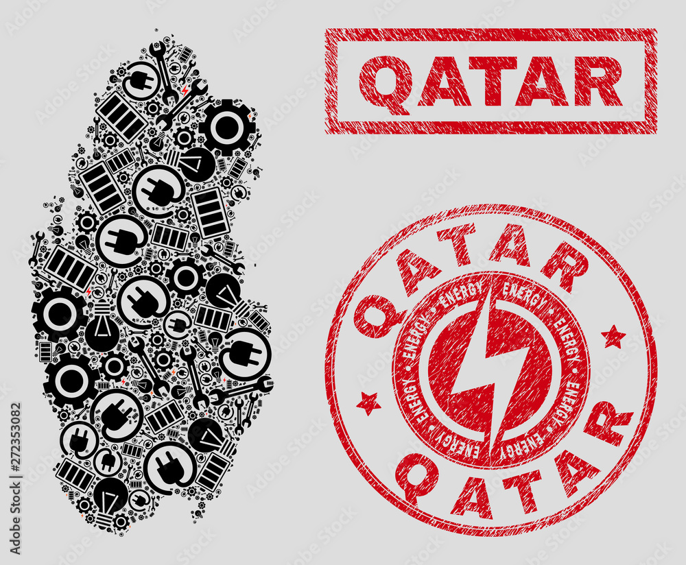 Composition of mosaic power supply Qatar map and grunge watermarks
