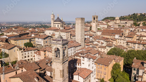 Bergamo, Italy. Amazing drone aerial view of the old town. Landscape at the city center, its historical buildings and the towers