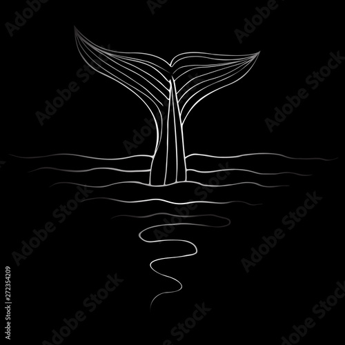 Abstract hand drawn whale tail isolated on black background.  illustration. Line art. Sketch