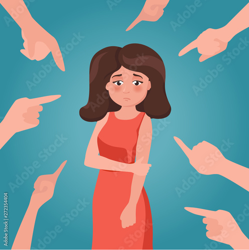 Girl or woman is scolded, condemned, ordered. Upset or guilty person on blue background.