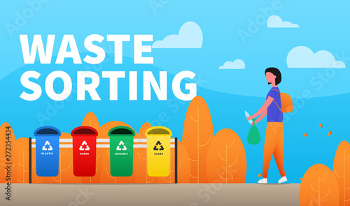 Waste sorting. Info poster with girl sorts rubbish in different trash cans.