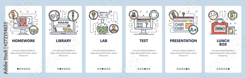 Mobile app onboarding screens. School education, chemistry lab, homework, library and test. Menu vector banner template for website and mobile development. Web site design flat illustration