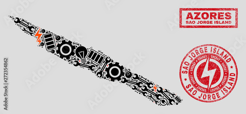 Composition of mosaic power supply Sao Jorge Island map and grunge watermarks. Mosaic vector Sao Jorge Island map is created with tools and lamp icons. Black and red colors used.