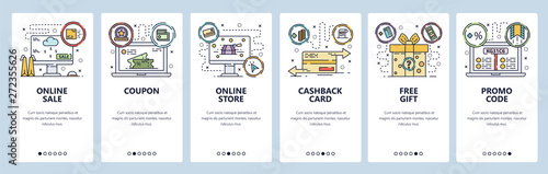 Mobile app onboarding screens. Online shopping, cashback card, promo code, free gift. Menu vector banner template for website and mobile development. Web site design flat illustration