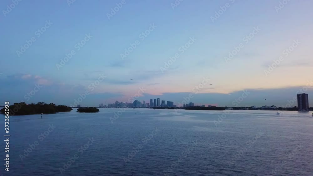 Miami downtown drone shot at dusk, over the intracoastal with a flock of birds in slow-motion. Miami downtown drone shot at dusk, over the intracoastal with a flock of birds in slow-motion.