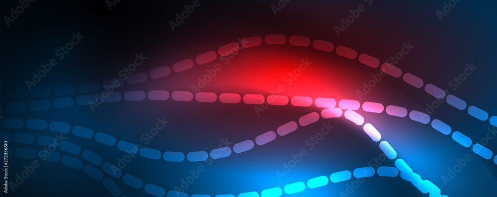 Fototapeta premium Smooth wave lines on blue neon color light background. Glowing abstract wave on dark, shiny motion, magic space light
