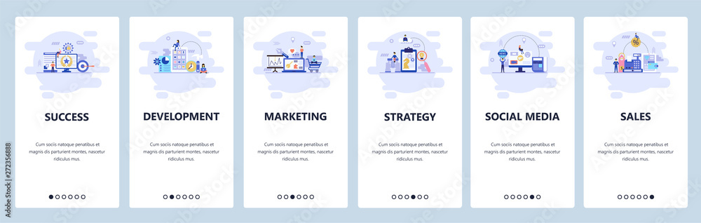 Mobile app onboarding screens. Business strategy, social media, online shopping and sales, digital marketing. Menu vector banner template for website and mobile development. Web site flat illustration