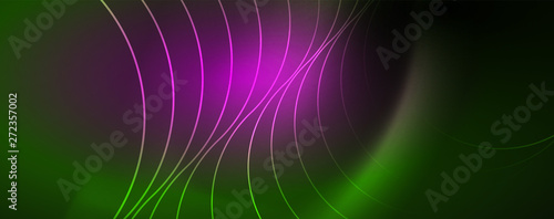 Shiny neon lines template - northern lights glowing blur lines. Futuristic style glow neon 80s disco club or night party techno template