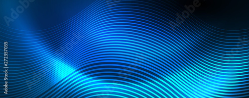 Trendy neon blue abstract design with waves and circles. Neon light glowing effect. Abstract digital background.