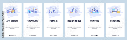 Mobile app onboarding screens. Creativity, filming, design tools, painting, blogging. Menu vector banner template for website and mobile development. Web site design flat illustration