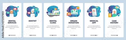 Mobile app onboarding screens. Dental clinic, doctor, medical history, organ donation, nurse. Menu vector banner template for website and mobile development. Web site design flat illustration