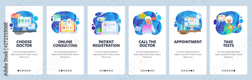 Mobile app onboarding screens. Online medical consulting, chat with doctor, sick patient. Menu vector banner template for website and mobile development. Web site design flat illustration