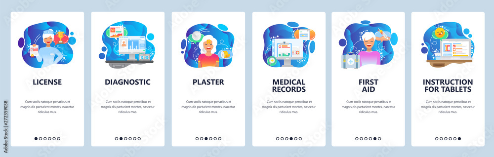 Mobile app onboarding screens. Drugs information, first aid, nurse, medical records. Menu vector banner template for website and mobile development. Web site design flat illustration - obrazy, fototapety, plakaty 