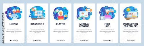 Mobile app onboarding screens. Drugs information, first aid, nurse, medical records. Menu vector banner template for website and mobile development. Web site design flat illustration