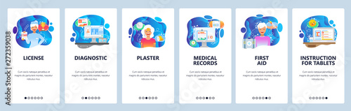 Mobile app onboarding screens. Drugs information, first aid, nurse, medical records. Menu vector banner template for website and mobile development. Web site design flat illustration photo