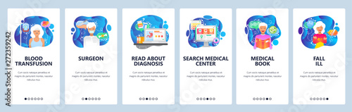 Mobile app onboarding screens. Surgeon doctor, blood transfusion, medical book, sick female patient. Menu vector banner template for website and mobile development. Web site design flat illustration