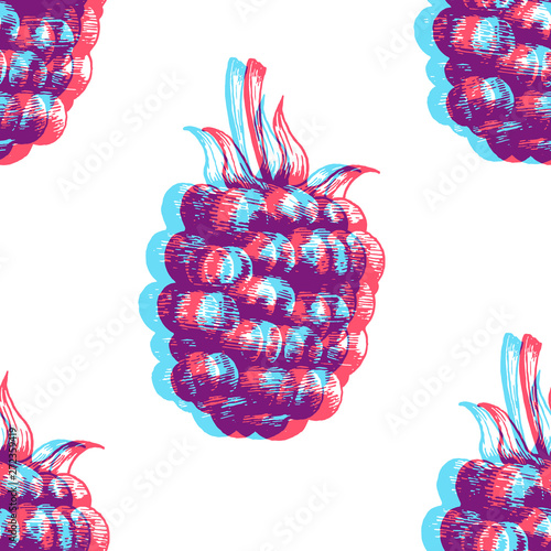 Fresh blackberry seamless pattern. Vector background with colorful fruits. Hand drawn engraving sketch. Anaglyph 3d stereo effect.