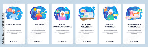 Mobile app onboarding screens. Gynecologist doctor, pregnancy, oral contraceptives. Menu vector banner template for website and mobile development. Web site design flat illustration