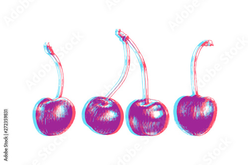 Hand drawn illustration of cherry isolated on white background. Vector engraving berry sketch. Anaglyph 3d stereo effect.