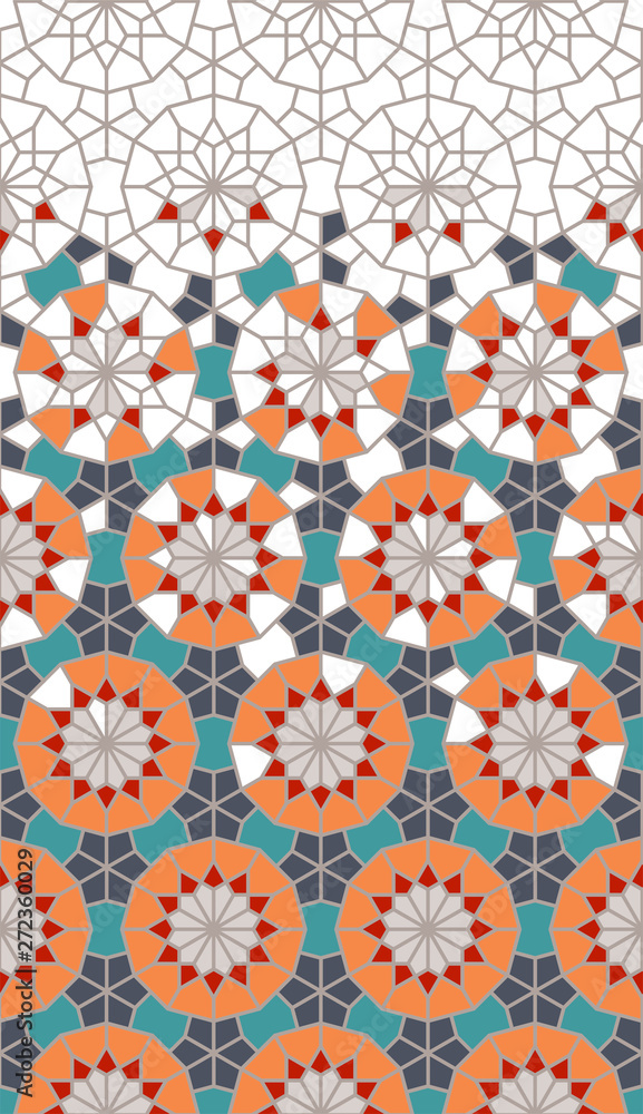 Arabesque vector seamless pattern. Geometric halftone texture with color tile disintegration or breaking