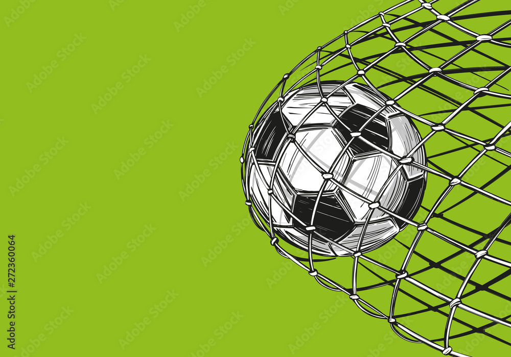 football, soccer ball, goal came in the gate, win, sports game, emblem sign, hand drawn vector illustration sketch