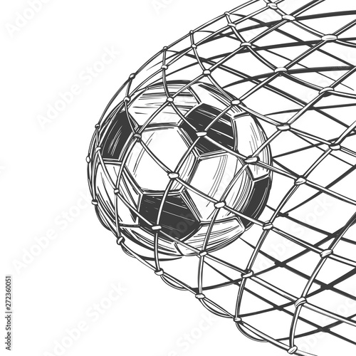 football, soccer ball, goal came in the gate, win, sports game, emblem sign, hand drawn vector illustration sketch