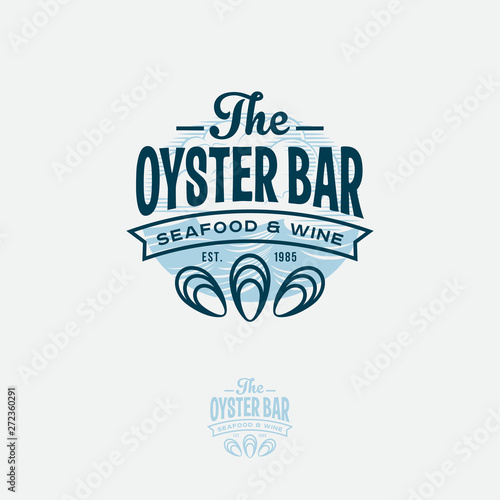 Ouster Bar Logo. Seafood Restaurant Emblem.  Letters and Oyster Symbols an Engraving Blue Background.
