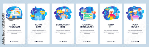 Mobile app onboarding screens. Fitness, diet and healthy lifestyle. Football and soccer game. Menu vector banner template for website and mobile development. Web site design flat illustration