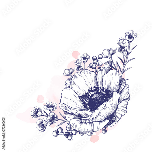 Hand drawn anemone boutonniere.  Isolated outline flowers against white background.
