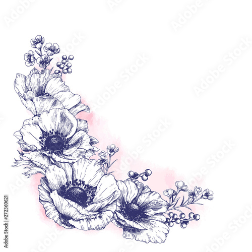 Floral background design with anemones. Elegant frame of watercolor flowers.