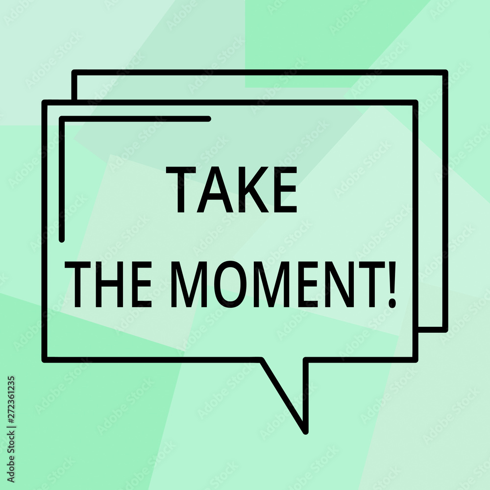 Fototapeta premium Conceptual hand writing showing Take The Moment. Business photo text Seize the day and opportunity be happy optimistic positive Rectangular Outline Transparent Comic Speech Bubble Space