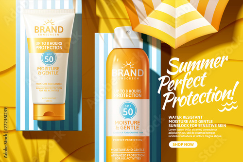 Sunscreen spray and tube ads