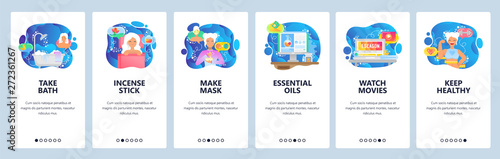 Mobile app onboarding screens. Relax and spa, beauty salon, healthy lifestyle. Menu vector banner template for website and mobile development. Web site design flat illustration