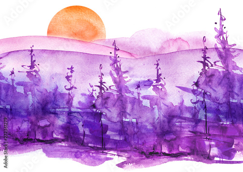 Watercolor art illustration. Drawing of the purple forest, pine tree, spruce, cedar. Dark, dense forest, suburban landscape. Postcard, logo, card. Misty forest, haze, sunset. Watercolor card