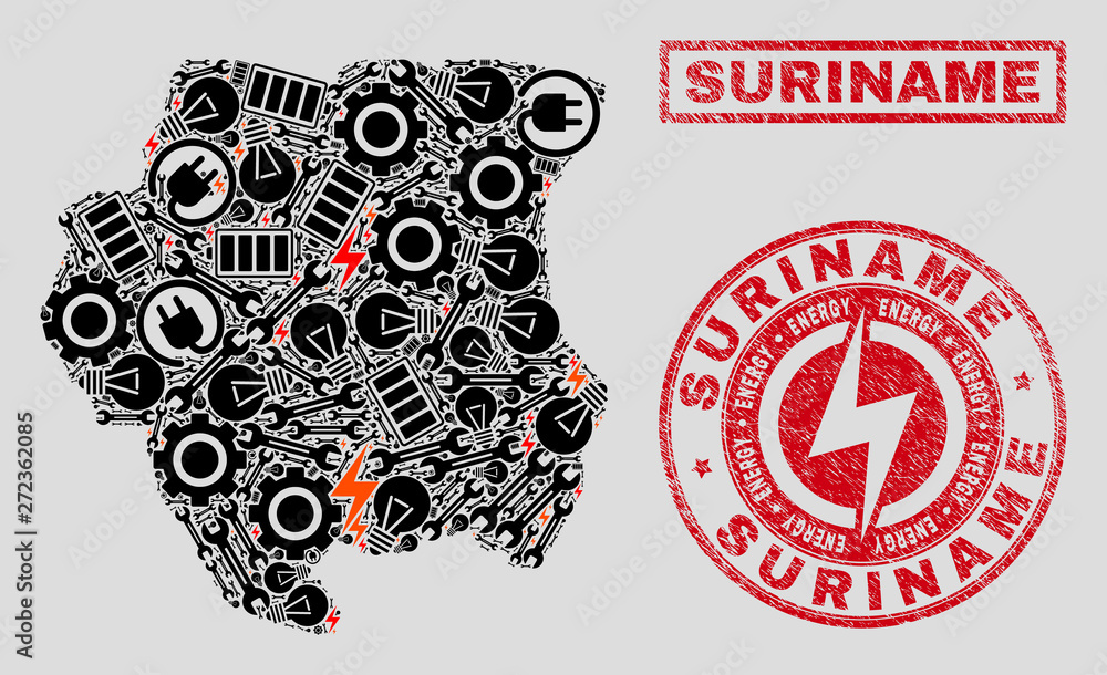 Obraz premium Composition of mosaic power supply Suriname map and grunge stamps. Mosaic vector Suriname map is composed with service and energy symbols. Black and red colors used. Concept for power supply business.