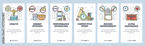Mobile app onboarding screens. Doping, sport records, health and diet. Menu vector banner template for website and mobile development. Web site design flat illustration