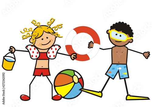 Two smiling kids, girl and boy on the swimming pool.  Girl with a bucket, a ball and boy with a diver equipment and inflatable ring. Funny vector illustration.