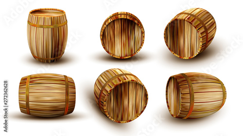 Vintage Wooden Barrel In Different Side Set Vector. Collection Of Barrel For Production, Storaging And Shipping Alcoholic Drinks. Equipment Object For Liquid Realistic 3d Illustration
